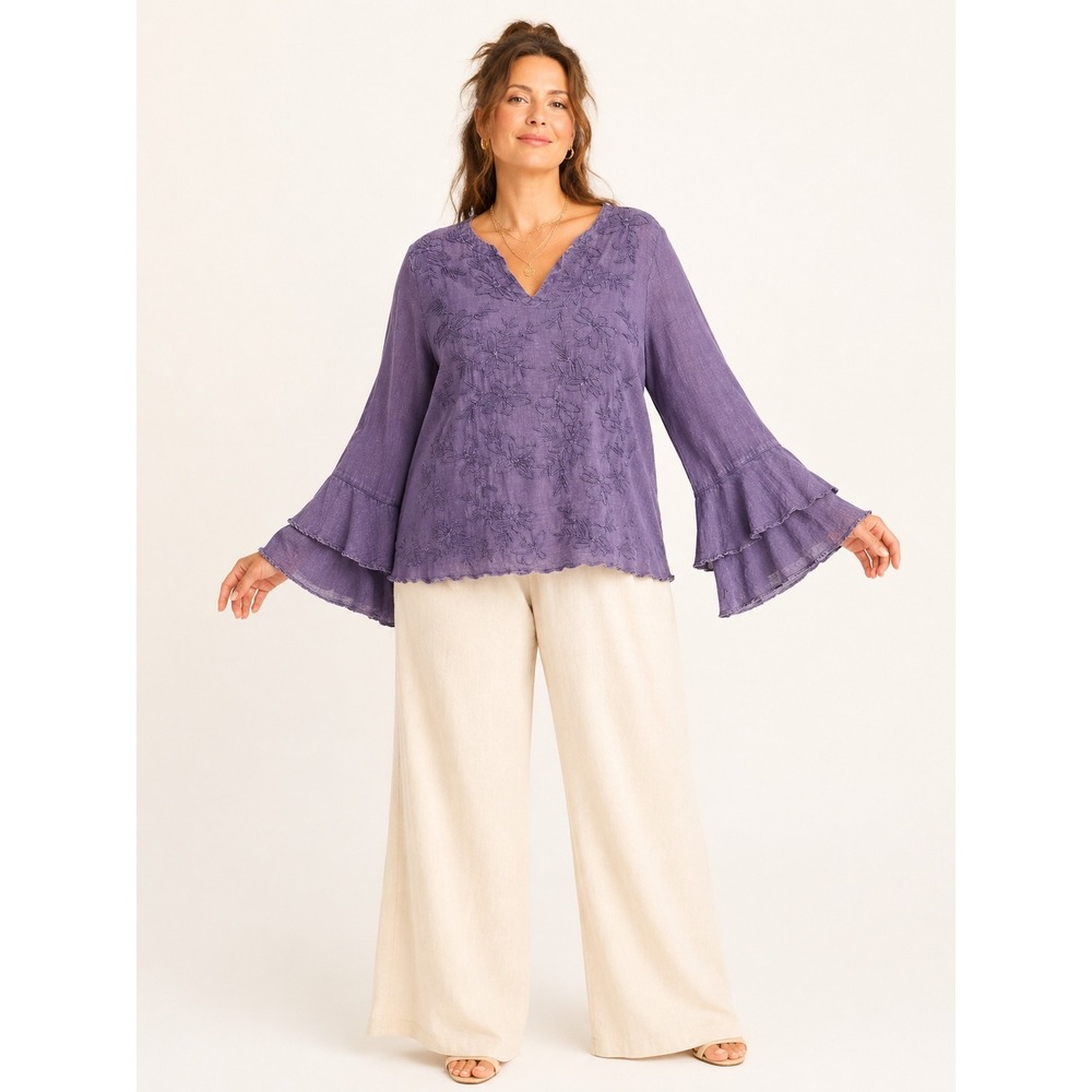 Chicos Embroidered Bell Sleeve Blouse Womens 3 Purple  Boho Garden Party